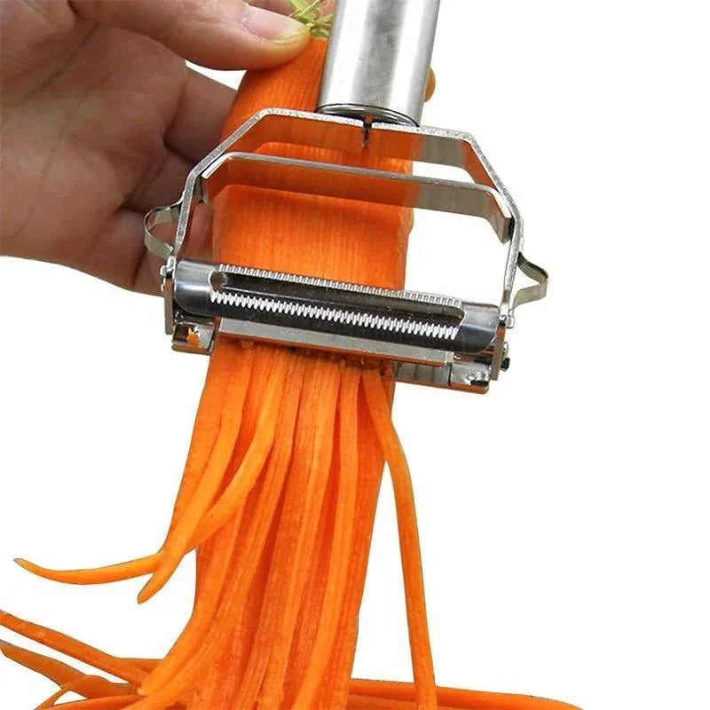 Versatile stainless steel vegetable peeler and julienne slicer for easy potato, carrot, and cucumber prep.
