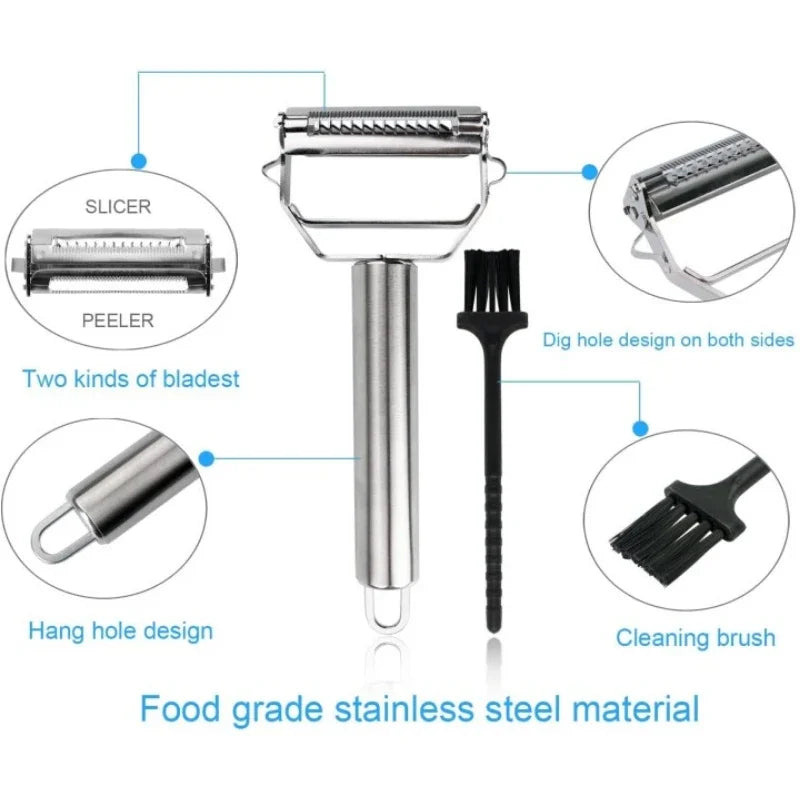 Efficient stainless steel veggie peeler and julienne cutter, essential for fast and easy food prep.