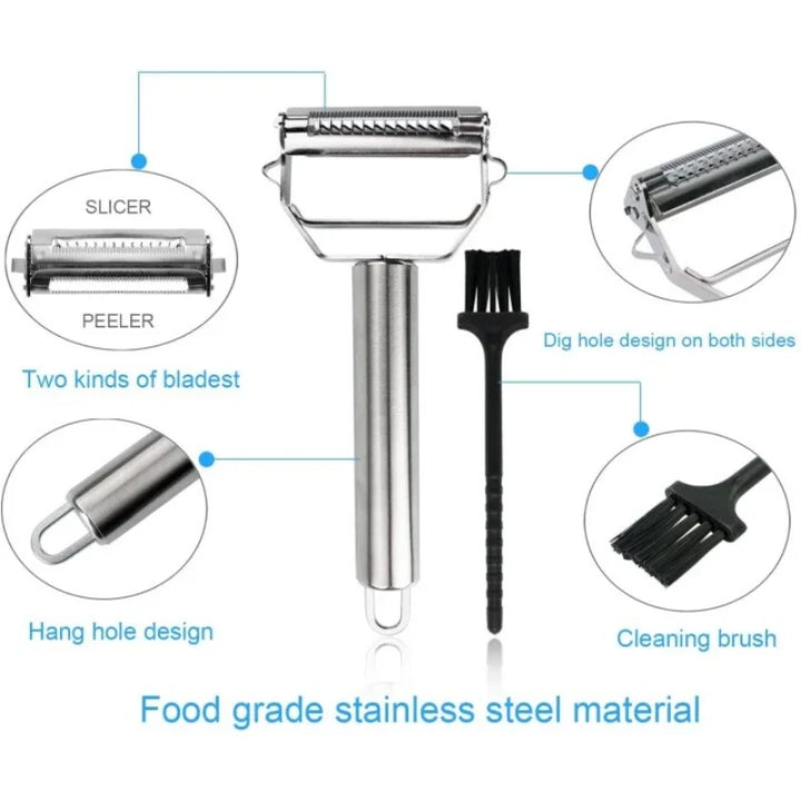 Efficient stainless steel veggie peeler and julienne cutter, essential for fast and easy food prep.