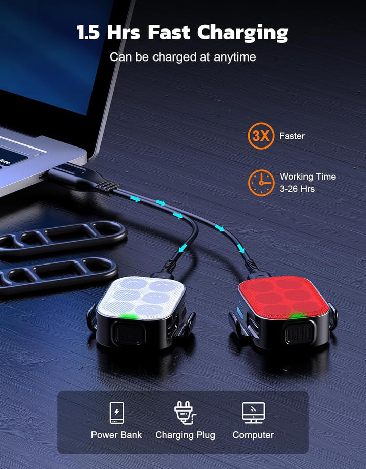 Compact USB rechargeable bike light set, bright LED illumination for enhanced cycling safety