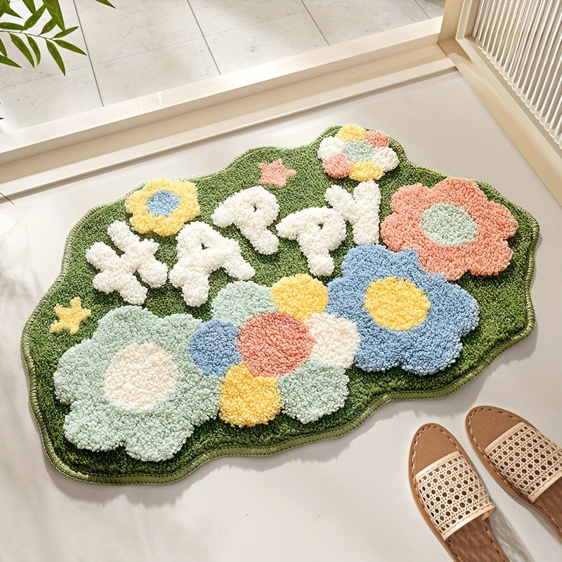 Ultra soft floral bath mat, absorbent comfort for elegant bathroom decor.