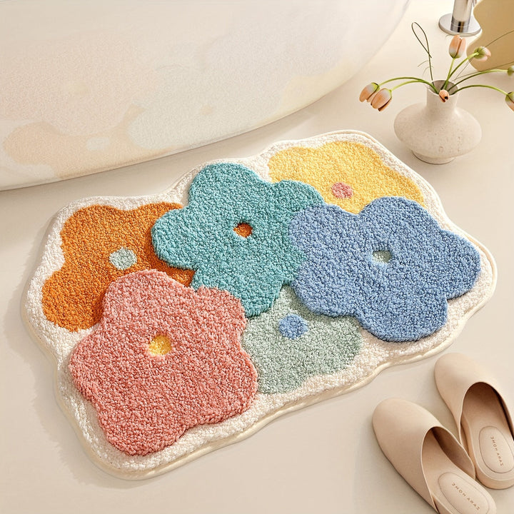 Bathroom floral mat, absorbent & soft, knitted polyester for a cozy feel.