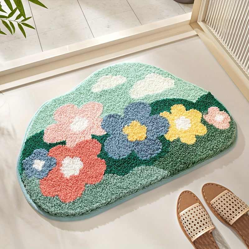 Plush polyester floral bath mat with a non-slip backing for safety.
