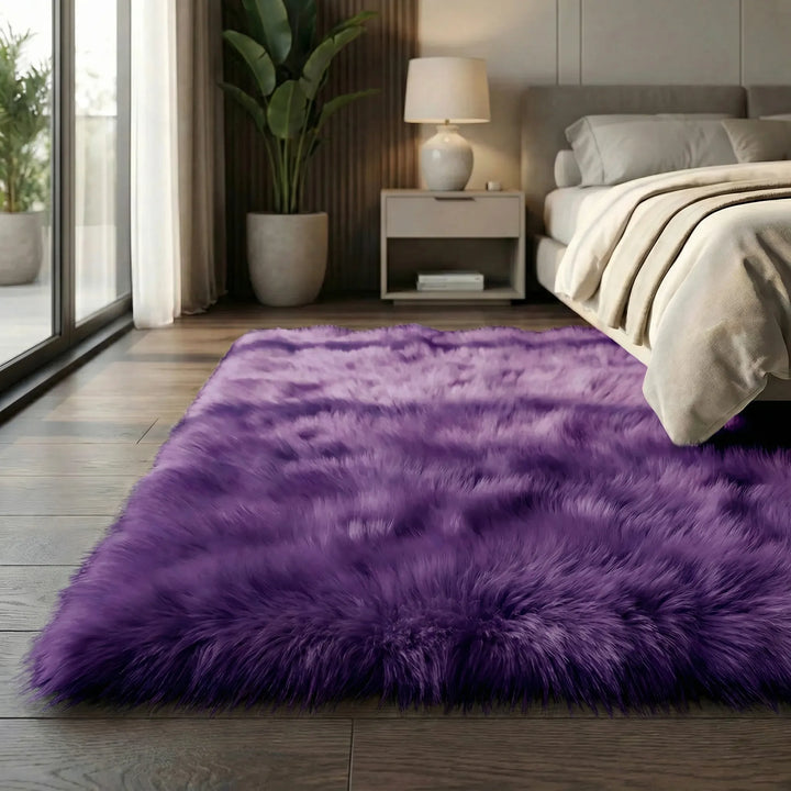 Versatile gray and white plush rug, ultra soft long pile bench runner or area rug for cozy seating.