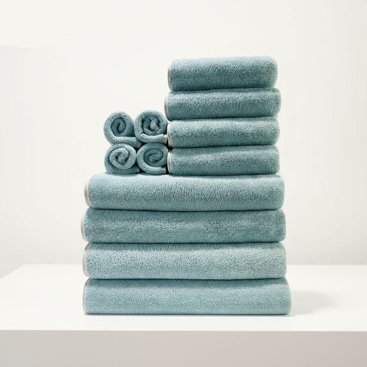 Variety of soft microfiber face towels from the CozyTowels collection, absorbent and gentle on skin