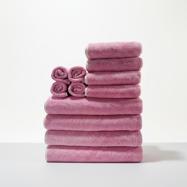 Unisex microfiber towel set displayed in a modern bathroom, emphasizing quick-dry and absorbent features