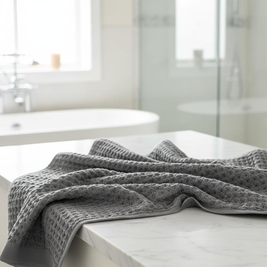 Ultra-soft Pima cotton waffle weave bath towel in a fresh white, quick-drying & antibacterial, luxurious home essential