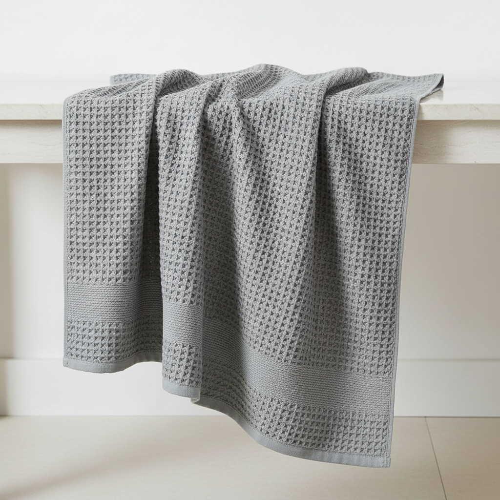 Close-up of FreshWrap's waffle weave texture on a Pima cotton towel, highlighting its ultra-softness and absorbency