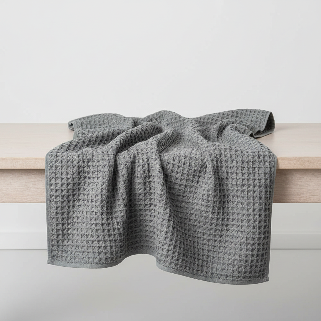 Unisex Pima cotton waffle towel hanging on a rack, showcasing its quick-dry feature and spa-like luxury
