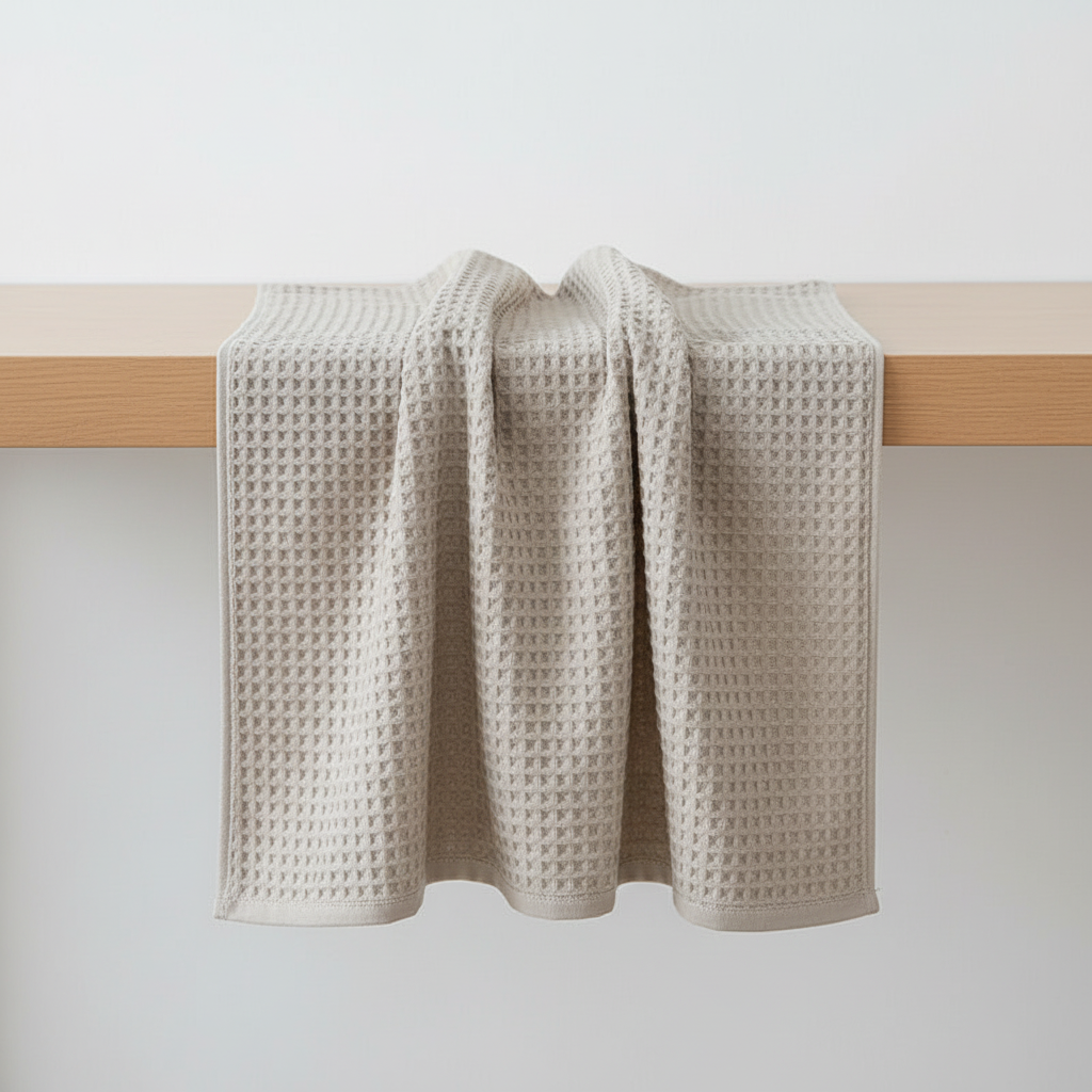 White Pima cotton waffle weave towel draped over a hand, illustrating its ultra-soft feel and comfort