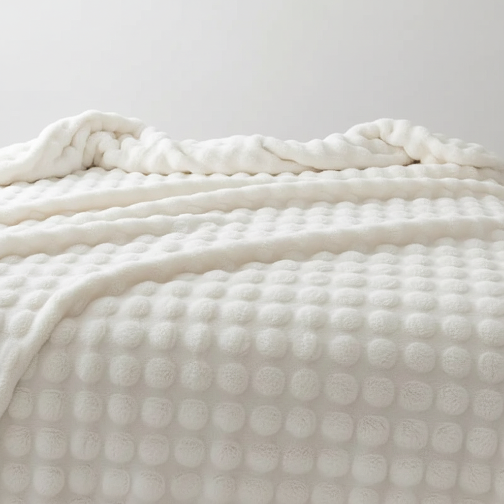 Warm and cozy plush throw blanket neatly folded, ideal for bedding or as a stylish home decor accent.