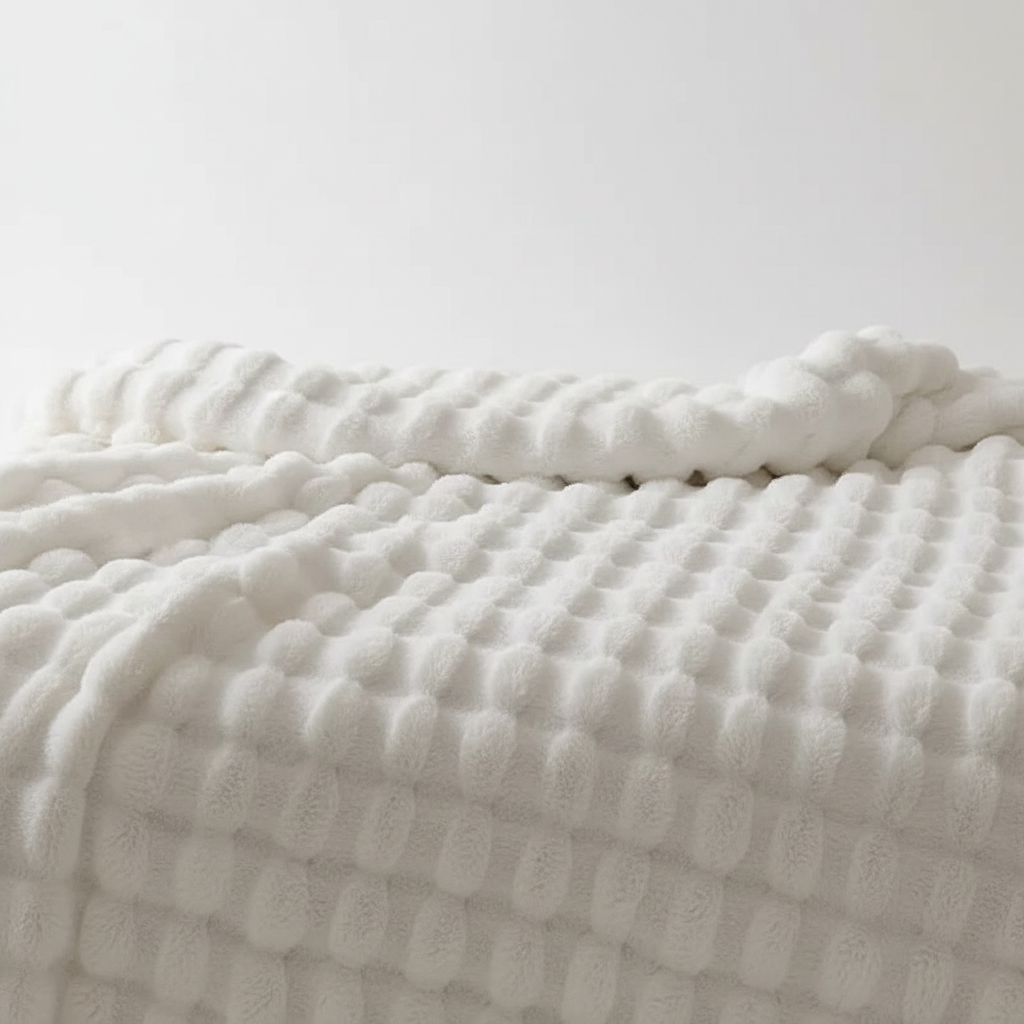 Closeup of a luxurious, all-season plush throw blanket, highlighting its soft texture for comfort.