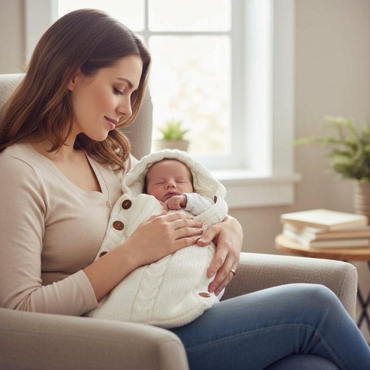 Beige ultra-soft baby swaddle blanket. Provides cozy comfort for newborns and infants 0-6 months. A baby essential.