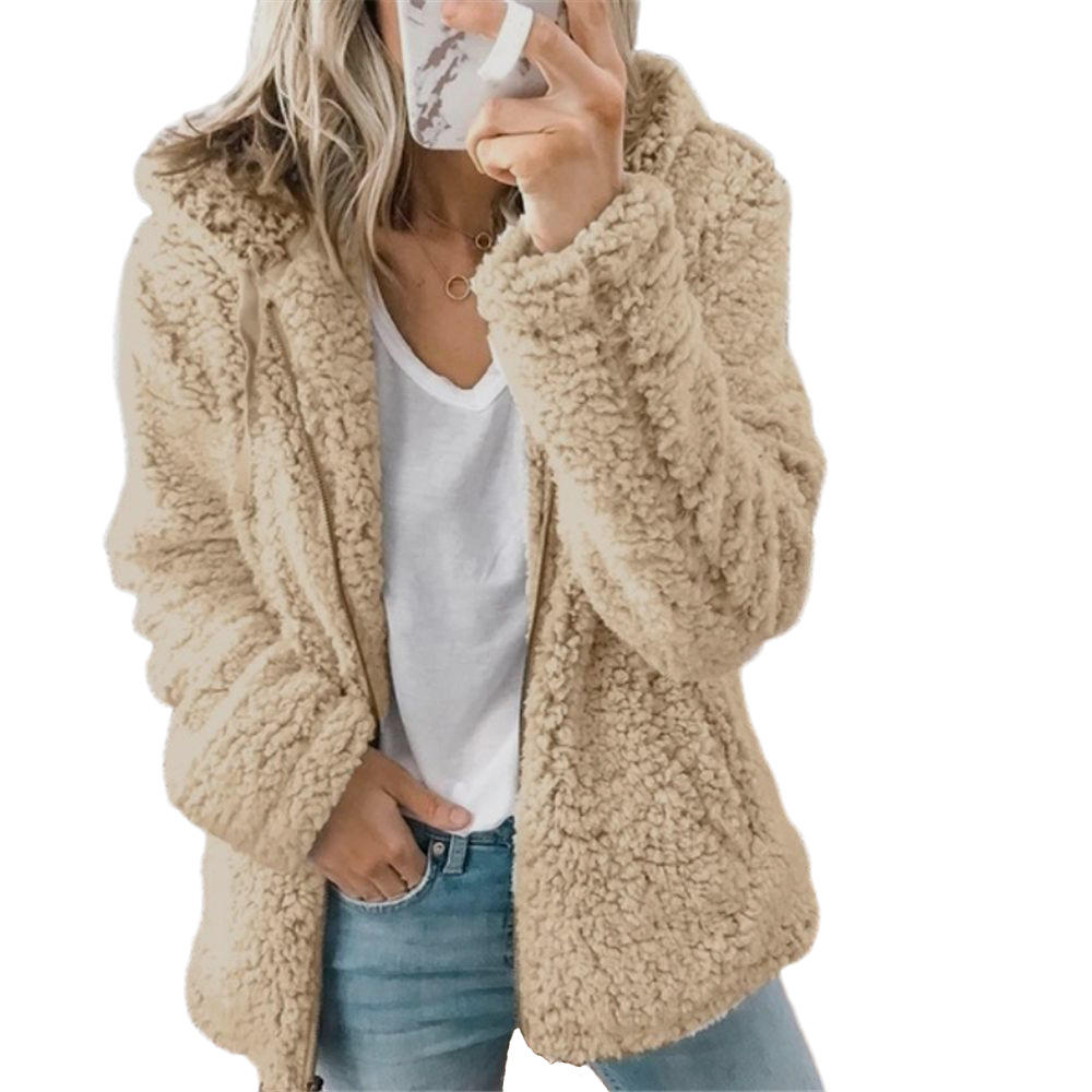 Cozy women's teddy jacket with a soft texture, ideal for chilly fall days and winter warmth.