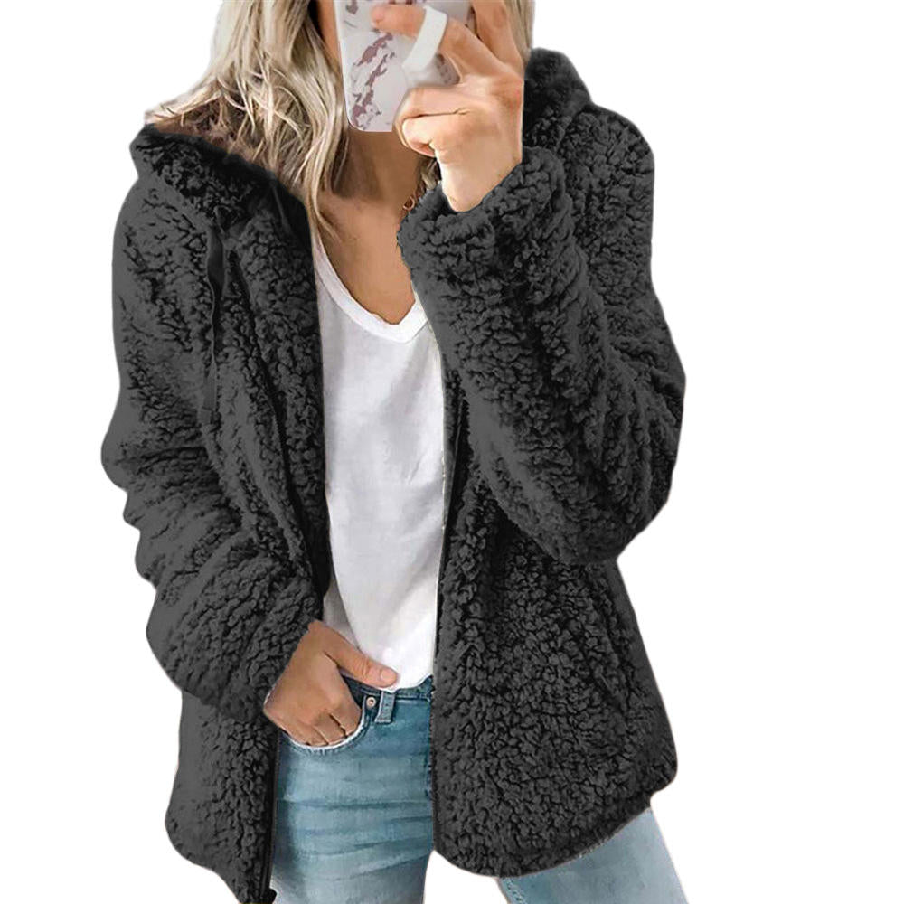 Fashionable women's ultra-soft teddy jacket, a zip-up outerwear choice for casual and warm style.