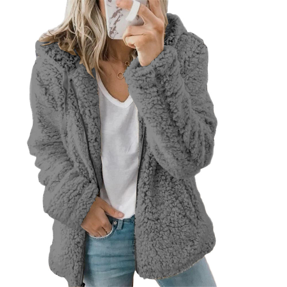 Stylish women's teddy zip-up jacket. Ultra-soft, cozy outerwear with pockets for fall & winter fashion.