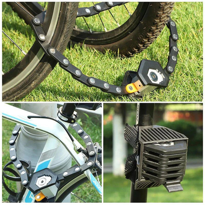 Cyclist securing a bike with an ultra strong foldable heavy duty anti-theft steel alloy bicycle lock.