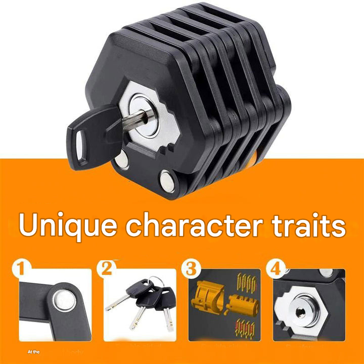 Robust heavy duty foldable bike lock. Durable steel alloy ensures anti-theft security, easy to carry.