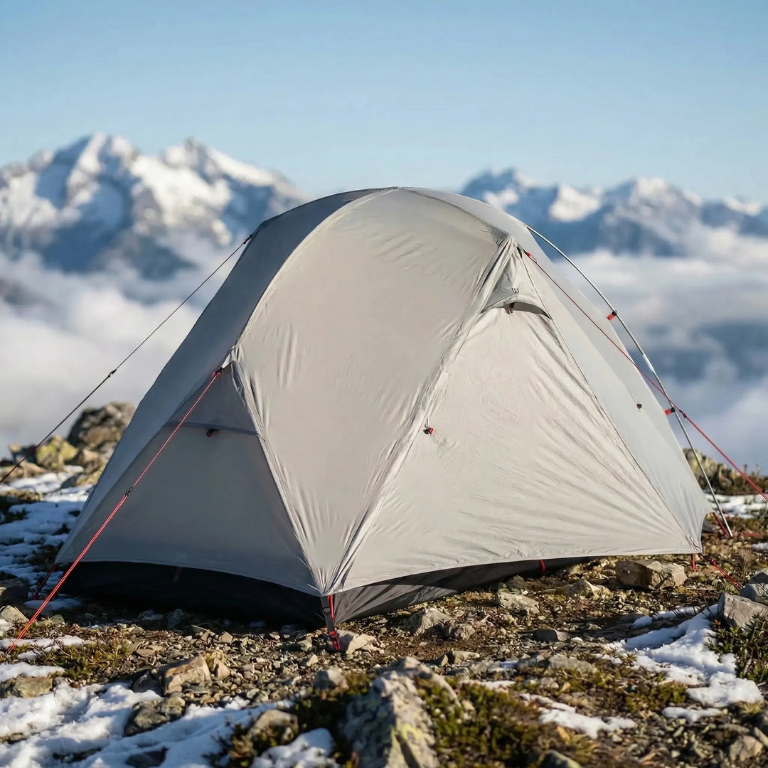 Ultralight 1-person hiking tent set up in a forest, ideal for solo backpacking & camping.