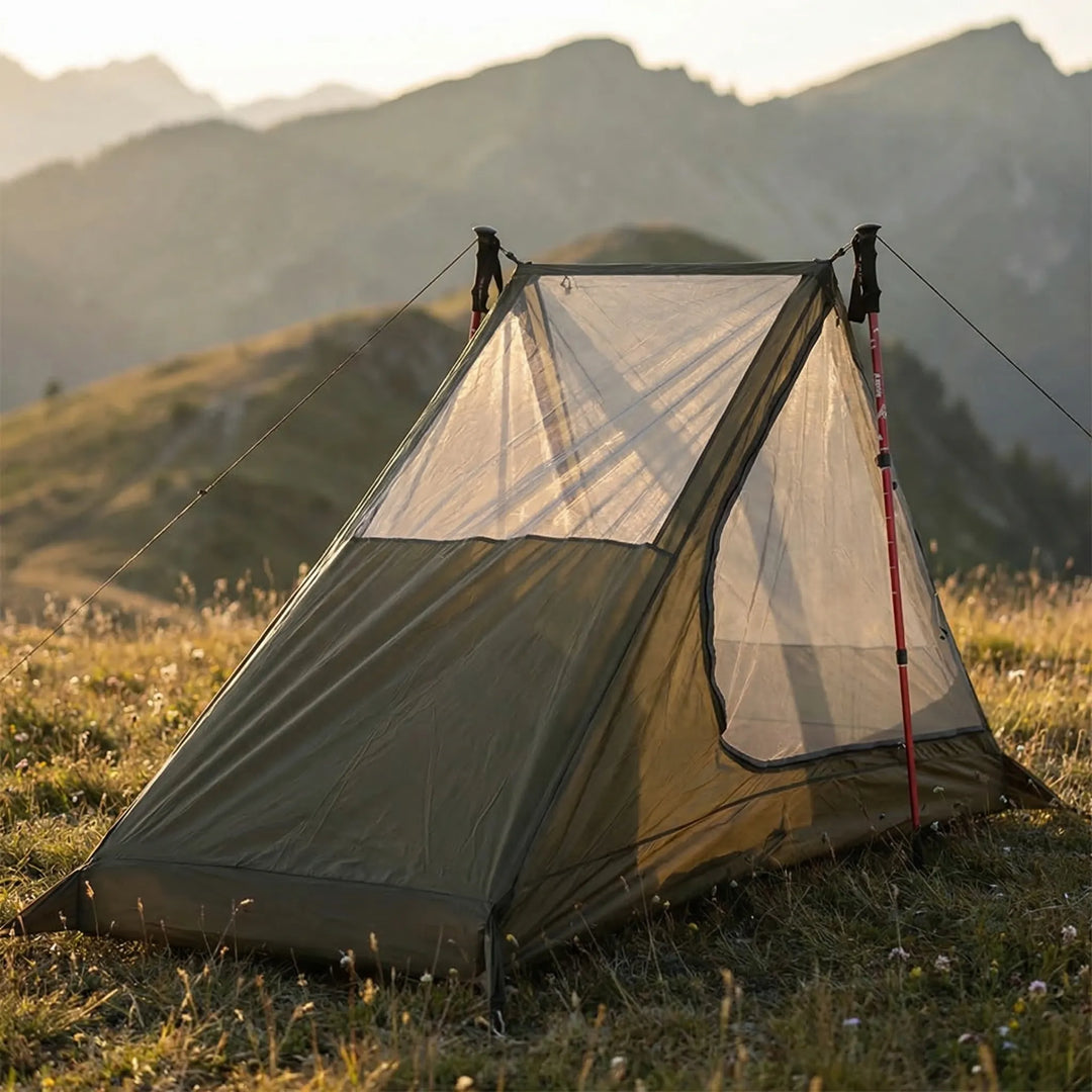 Ultralight 1-person mesh inner tent for backpacking. Uses trekking poles, offers insect protection & ventilation.