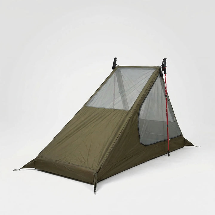 Solo trekking pole mesh tent for summer camping. Provides bug-free shelter & airflow for ultralight hikers.