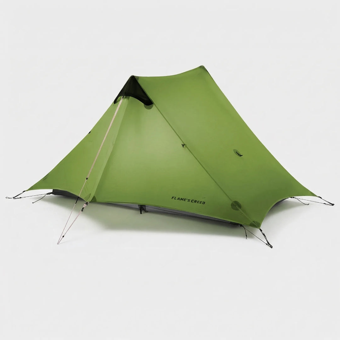 Compact 2-person trekking pole tent set up for camping, showcasing its quick pitch and spacious shelter design.