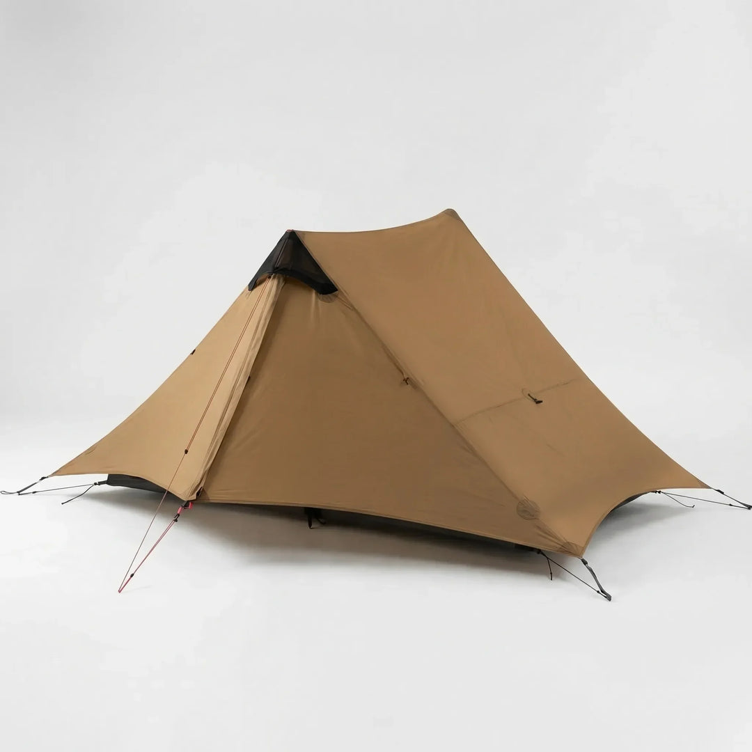 Easy-to-pitch 2-person ultralight trekking pole tent at a serene campsite, perfect for hassle-free backpacking adventures.