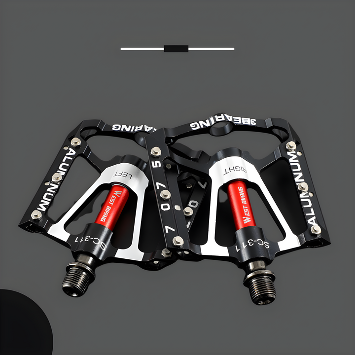 Rider's foot securely on an ultralight anti-slip TrailPro bicycle pedal, showing enhanced grip.