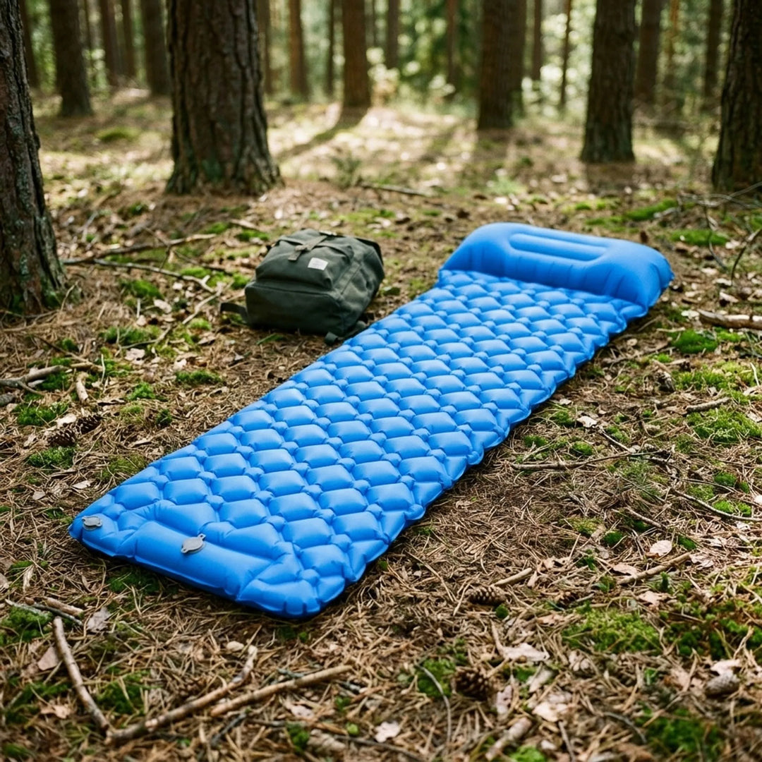 Ultralight camping sleeping pad for backpacking adventures, featuring a built-in foot pump for easy inflation.