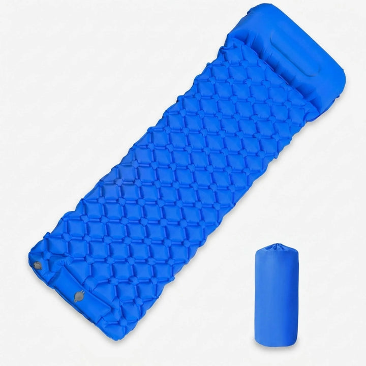 Inflatable camping sleeping pad with integrated foot pump, perfect for quick setup on any outdoor trip.