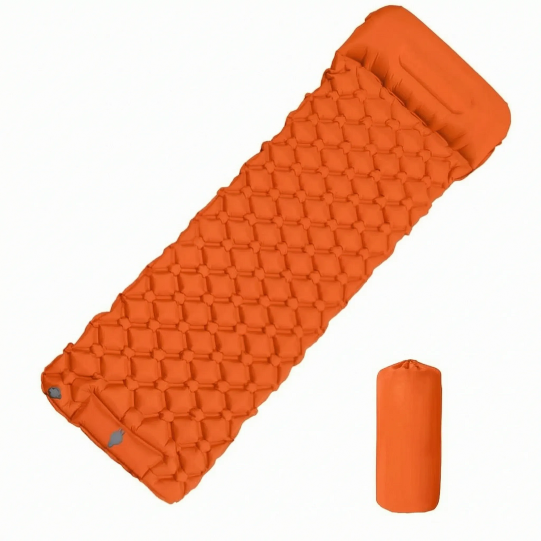 Compact inflatable sleeping pad, ultralight for backpacking, features a quick-inflate built-in foot pump.