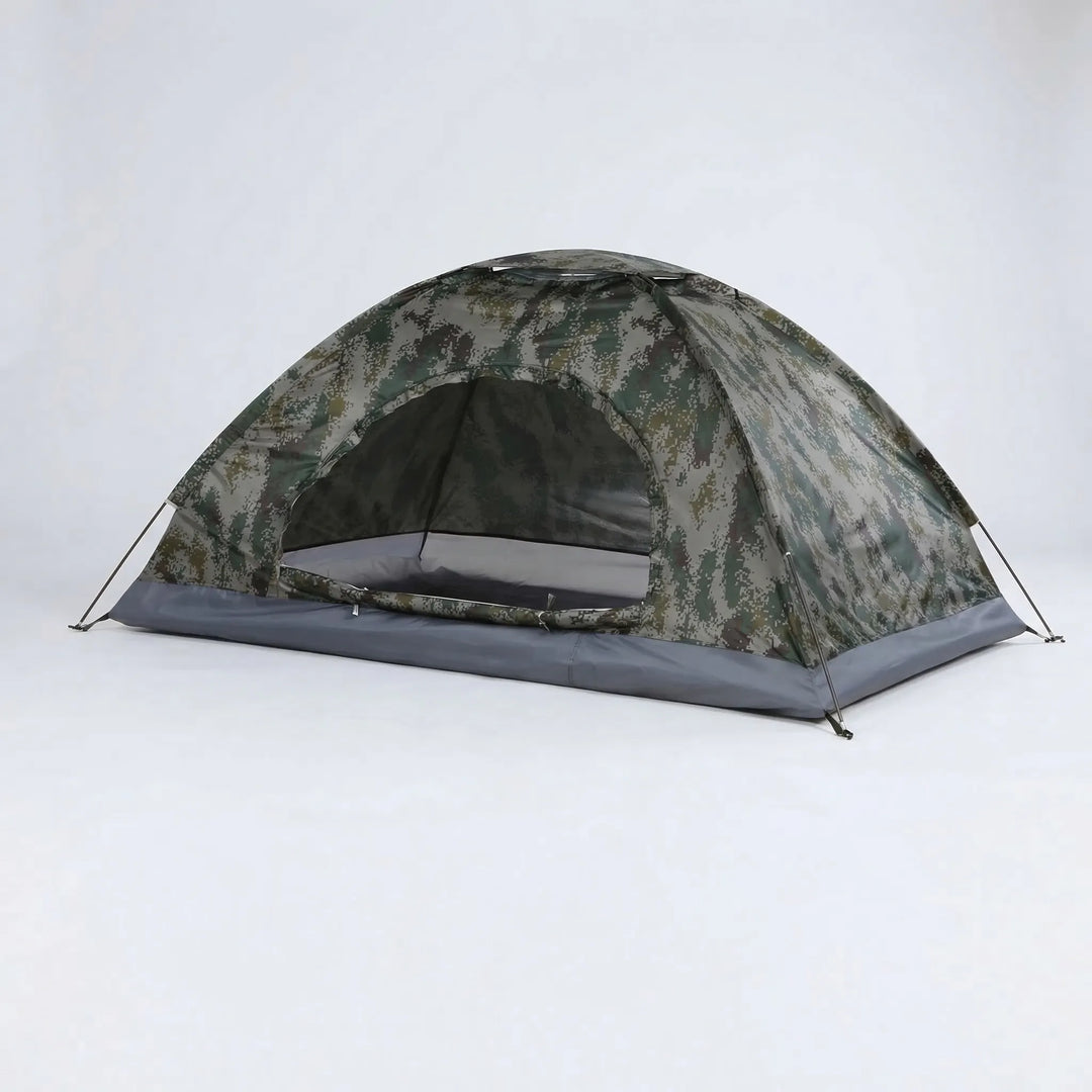 Hiker setting up an ultralight dome camping tent for a 3-season adventure, perfect portable outdoor shelter.