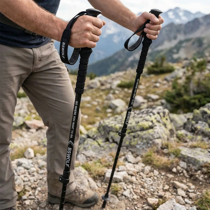 Ultralight folding trekking poles for hiking & trail walking. Compact, adjustable aluminum gear for outdoor adventures.