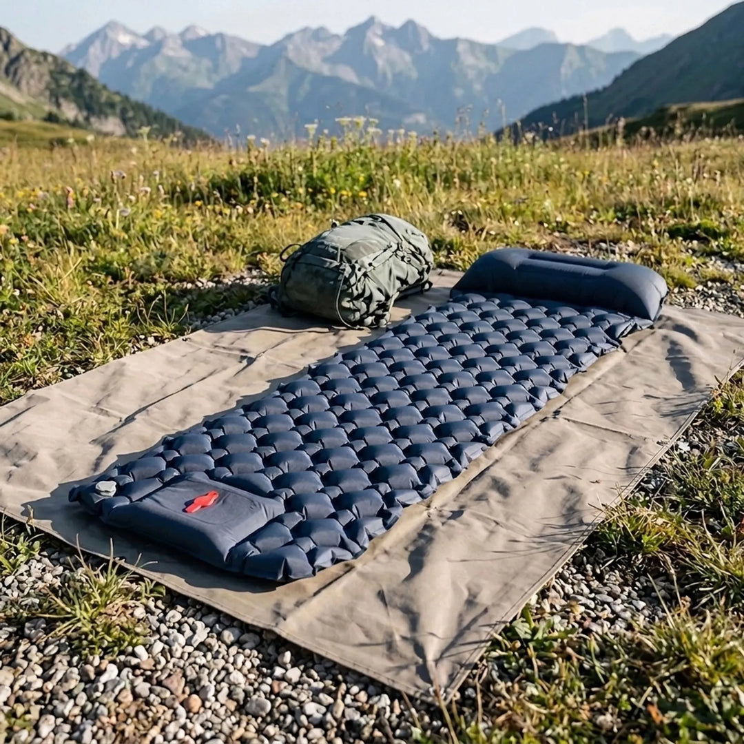 Ultralight inflatable camping sleeping pad with integrated pillow for comfortable outdoor hiking and travel.