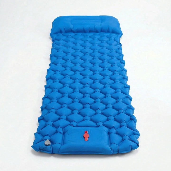 Travel-friendly ultralight camping sleeping pad, inflatable with integrated pillow for comfortable journeys.