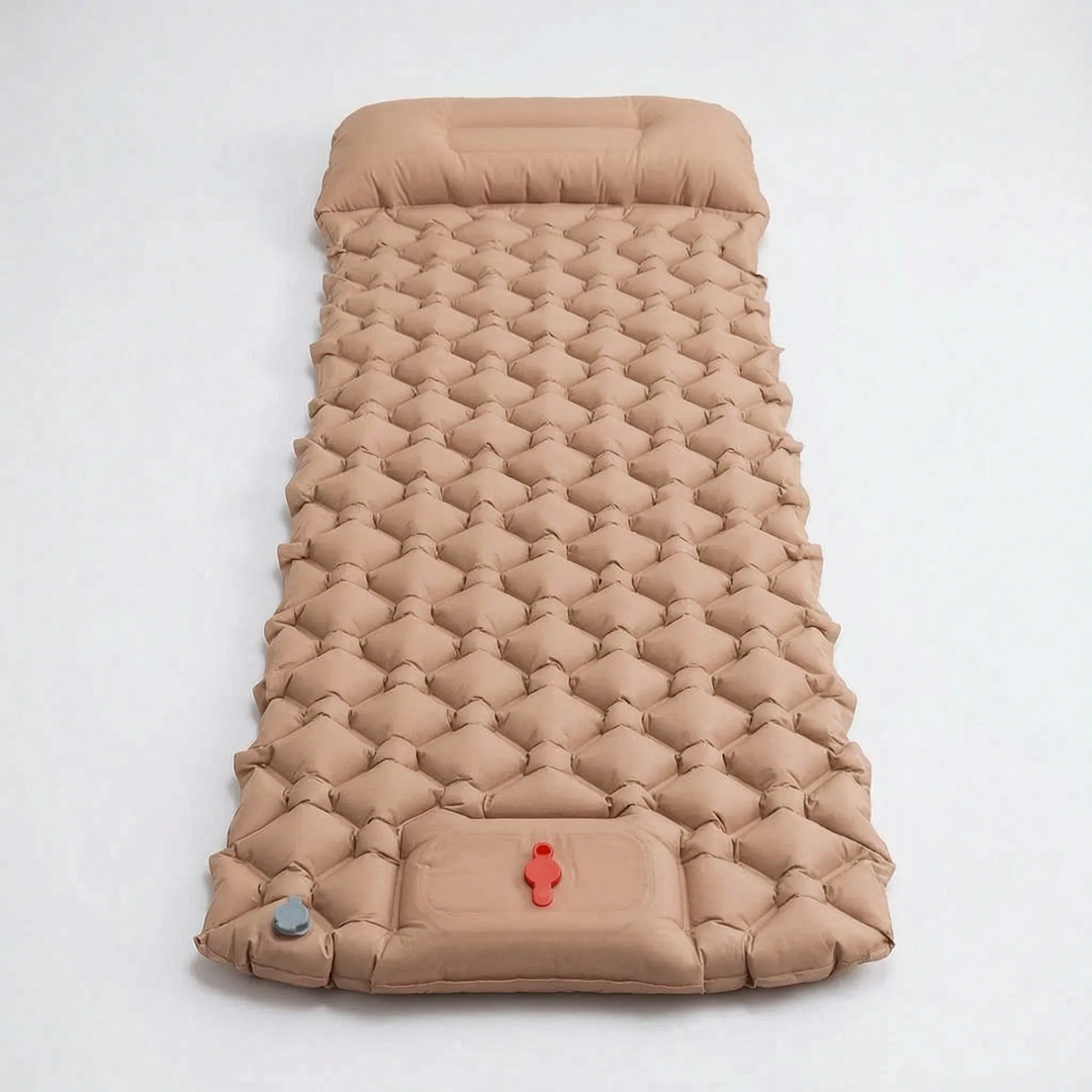 Durable ultralight inflatable sleeping pad for camping, hiking, and backpacking with a built-in pillow.