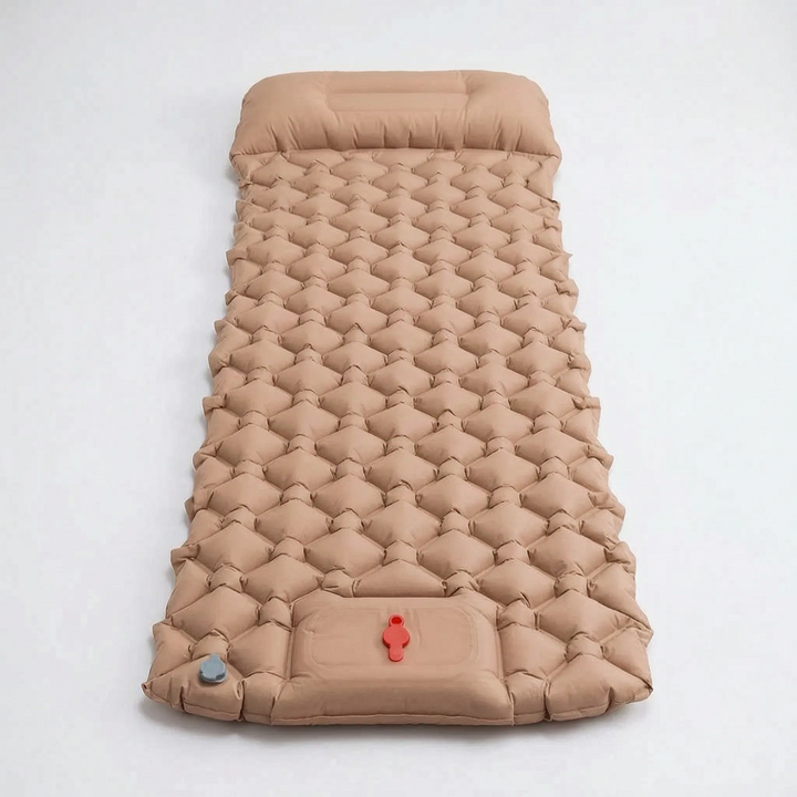 Durable ultralight inflatable sleeping pad for camping, hiking, and backpacking with a built-in pillow.