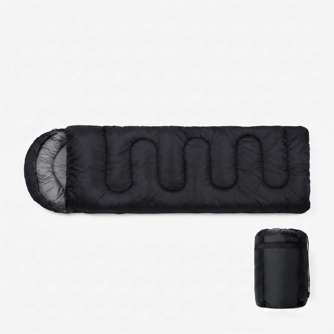 Unisex ultralight envelope sleeping bag on a camping trip. Ideal lightweight outdoor gear for hikers.