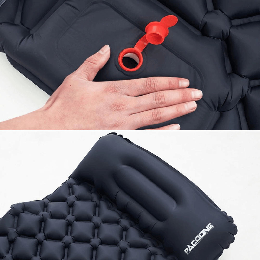 Compact ultralight sleeping pad with integrated pump, essential for comfortable outdoor rest.