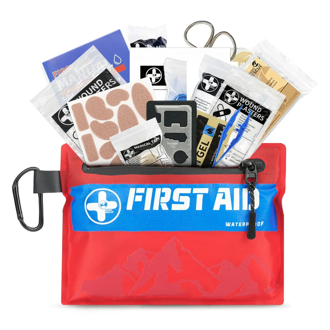 Ultralight waterproof first aid kit for hiking & camping. Essential outdoor emergency supplies.