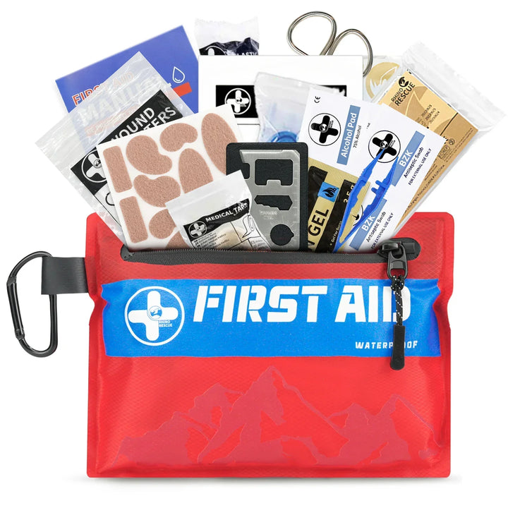 Compact, waterproof first aid kit for outdoor adventures: hiking, camping, travel emergency essentials.
