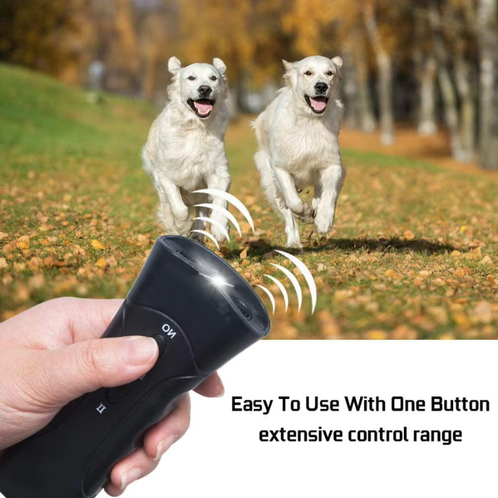 Compact ultrasonic dog anti-barking device for effective bark control & humane dog training at home or outdoors.