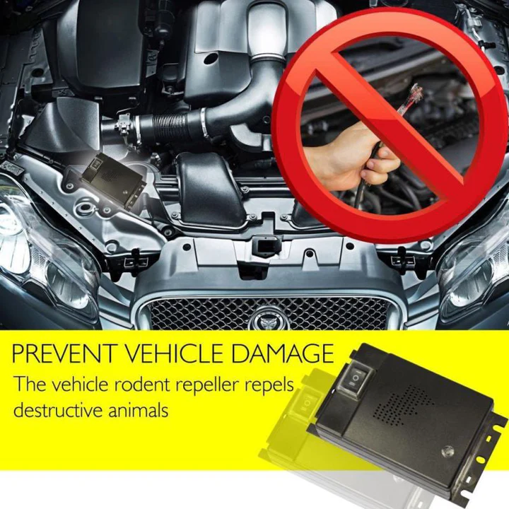 Ultrasonic pest repeller for vehicles with LED indicator. Rodent deterrent protects car engine from squirrels, mice.