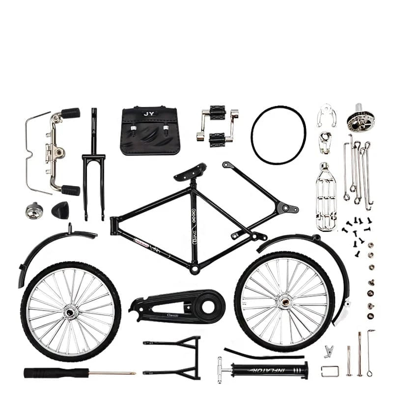 Display of finished RetroCycle 1:10 scale model bike, ideal vintage home decor & unique gift.