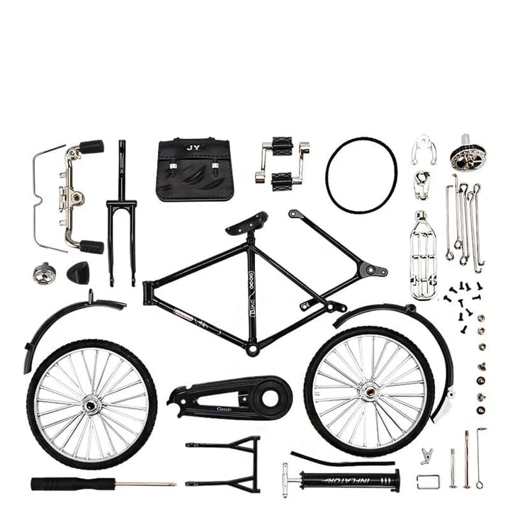 Display of finished RetroCycle 1:10 scale model bike, ideal vintage home decor & unique gift.