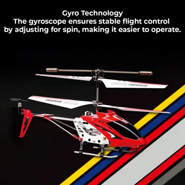 Mini RC helicopter flying indoors, showcasing its unbreakable design and stable gyro technology for all ages.