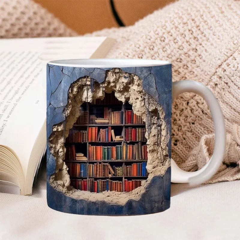 Unique 3D bookshelf library coffee mug, perfect ceramic drinkware for book lovers and readers.