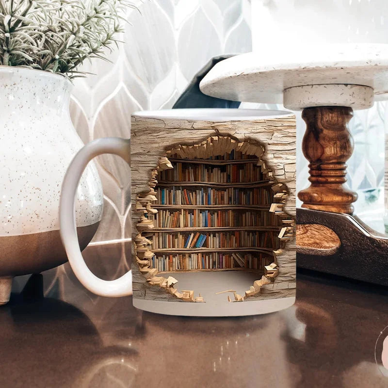 Ceramic bookshelf mug, a unique gift for book lovers, readers, and bookworms. Literary coffee cup.