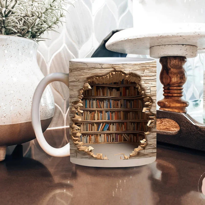 Ceramic bookshelf mug, a unique gift for book lovers, readers, and bookworms. Literary coffee cup.