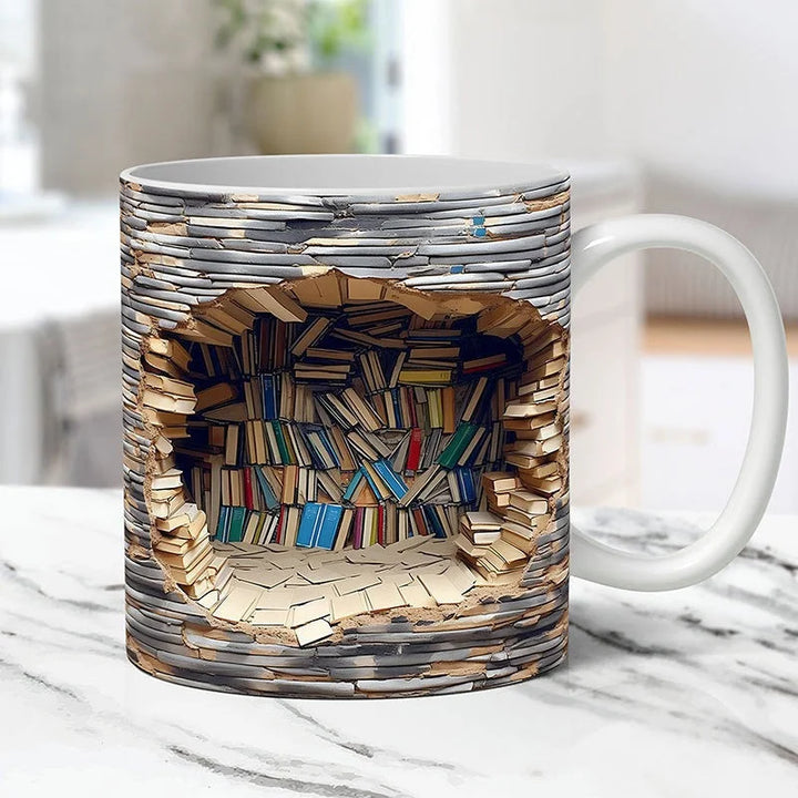 Close-up of a 3D bookshelf library coffee mug with intricate book details, ideal for reading enthusiasts.